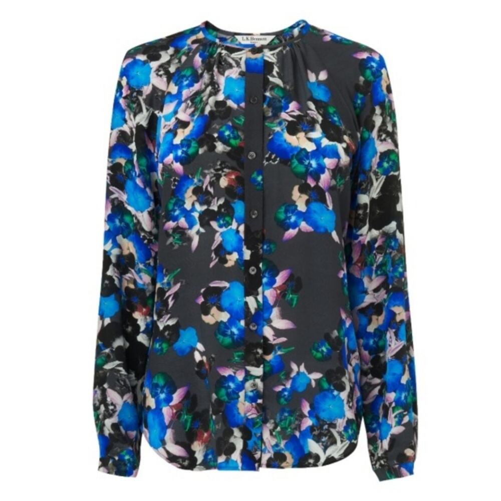 LK BENNETT Black & Blue Floral Poppy Silk Long Sleeve Button Down Blouse Sz 12